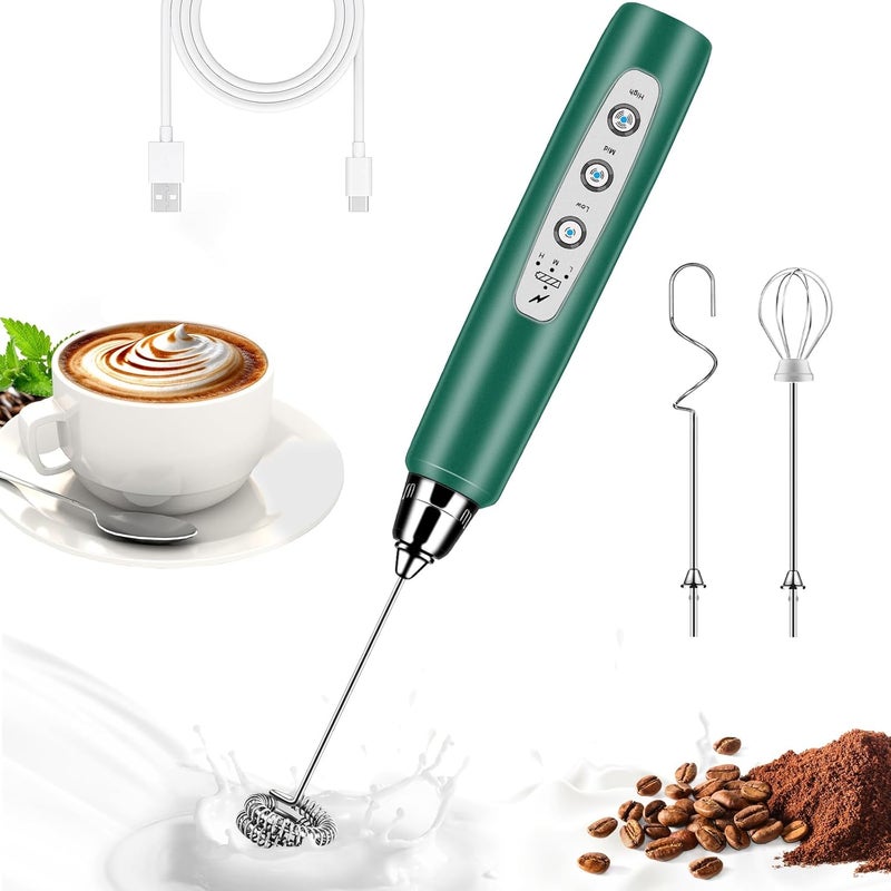 BSRGMS Milk Frother Handheld for Coffee, Electric Whisk 3 Speed Adjustable, Drink Mixer with Stainless 3 Whisks, Rechargeable Hand Frother Wand, for Latte Cappuccino Hot Chocolate Egg Green - Image 1